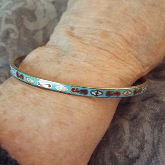 ANTIQUE  ESTATE TURQUOISE & RED CLOISONNE ENAMEL GOLDEN THIN BANGLE BRACELET 30 - Picture 3 of 3